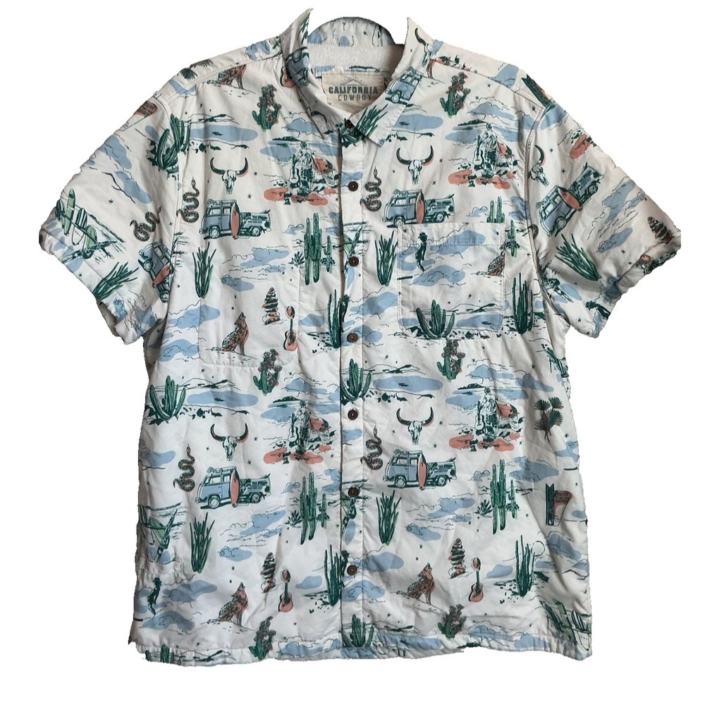 Mens California Cowboy Huckberry Large Short Sleeve Desert Shirt Cotton Tencel